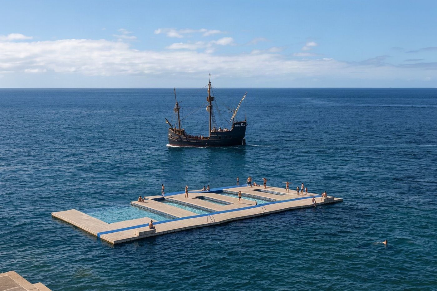 A wide shot of the public Lido bathing complex in Funchal showing the swimming pools and the Atlantic Ocean beyond.