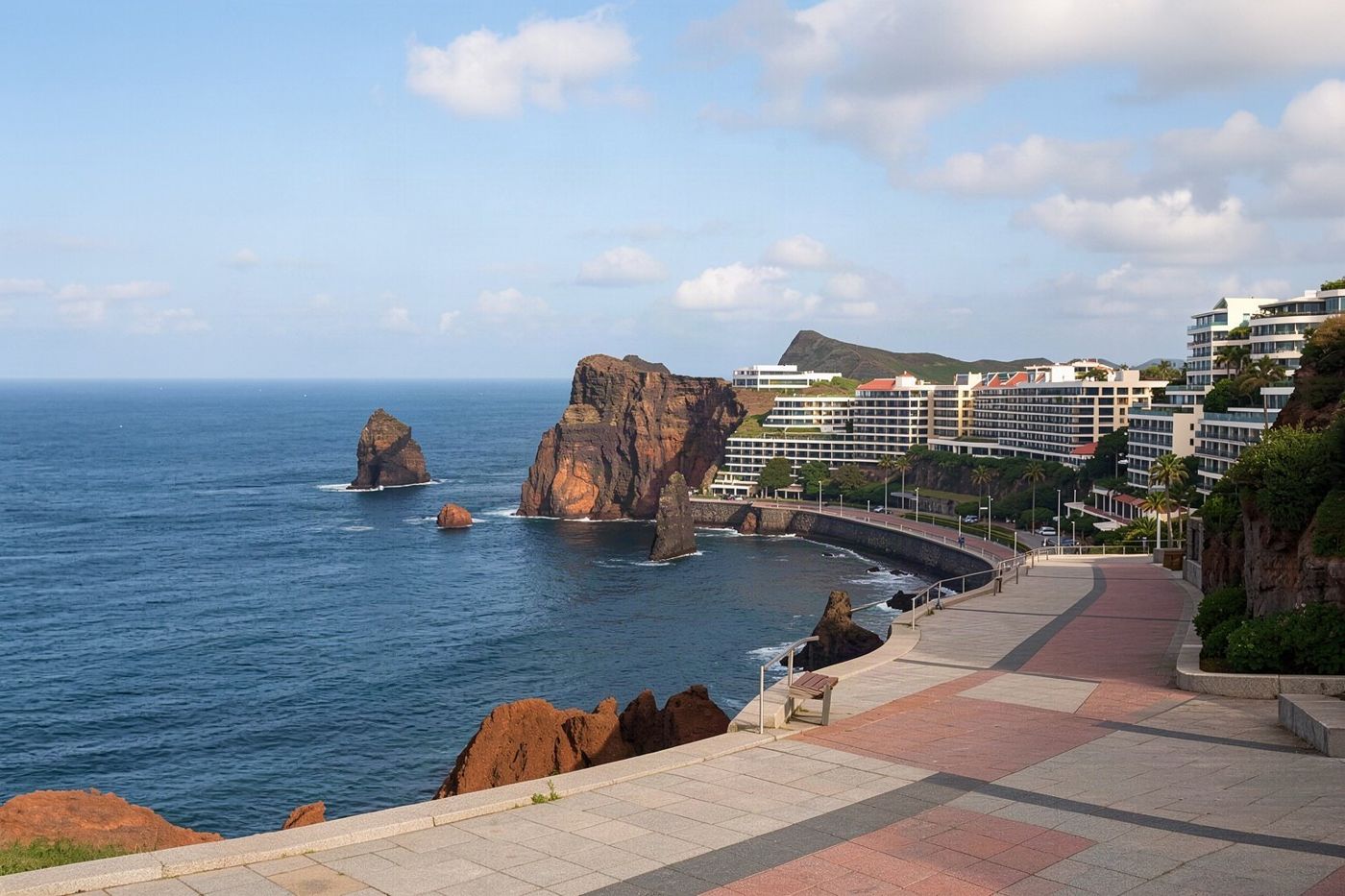 Une large promenade en béton le long de la côte avec des hôtels d'un côté et l'océan de l'autre.