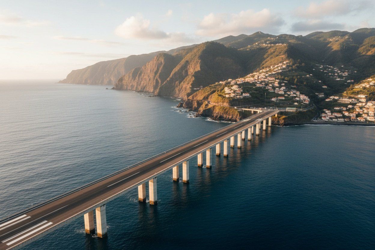 A long concrete runway supported by pillars rising above the blue Atlantic Ocean.
