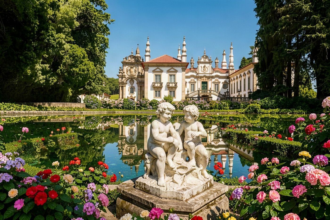 Una estatua de mármol blanco de niños de pie cerca de un estanque con fuentes en un jardín.