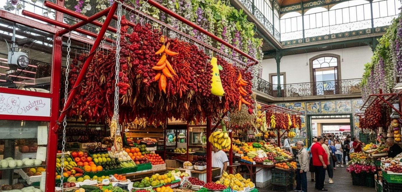 Un gran edificio de mercado tradicional con tejado de tejas situado en una plaza bulliciosa.