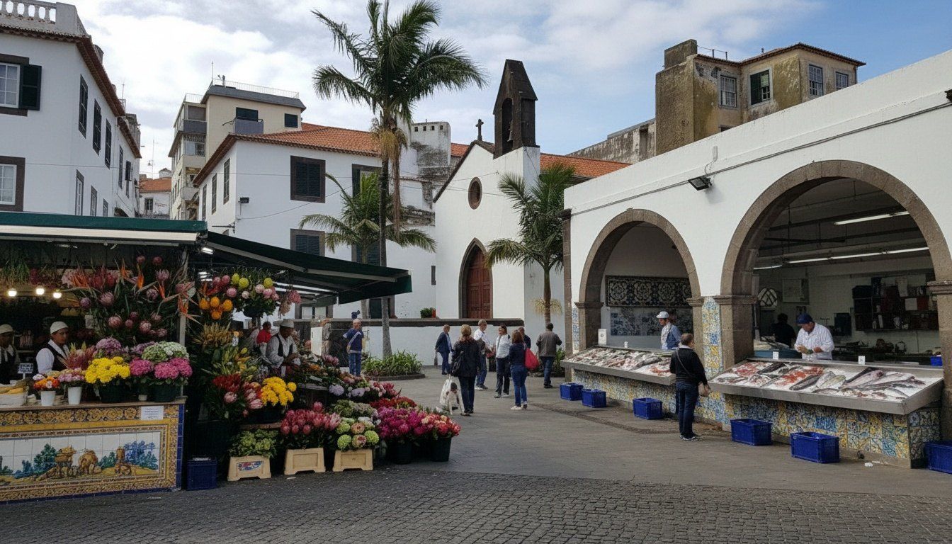 Puestos de frutas y flores dentro del Mercado dos Lavradores