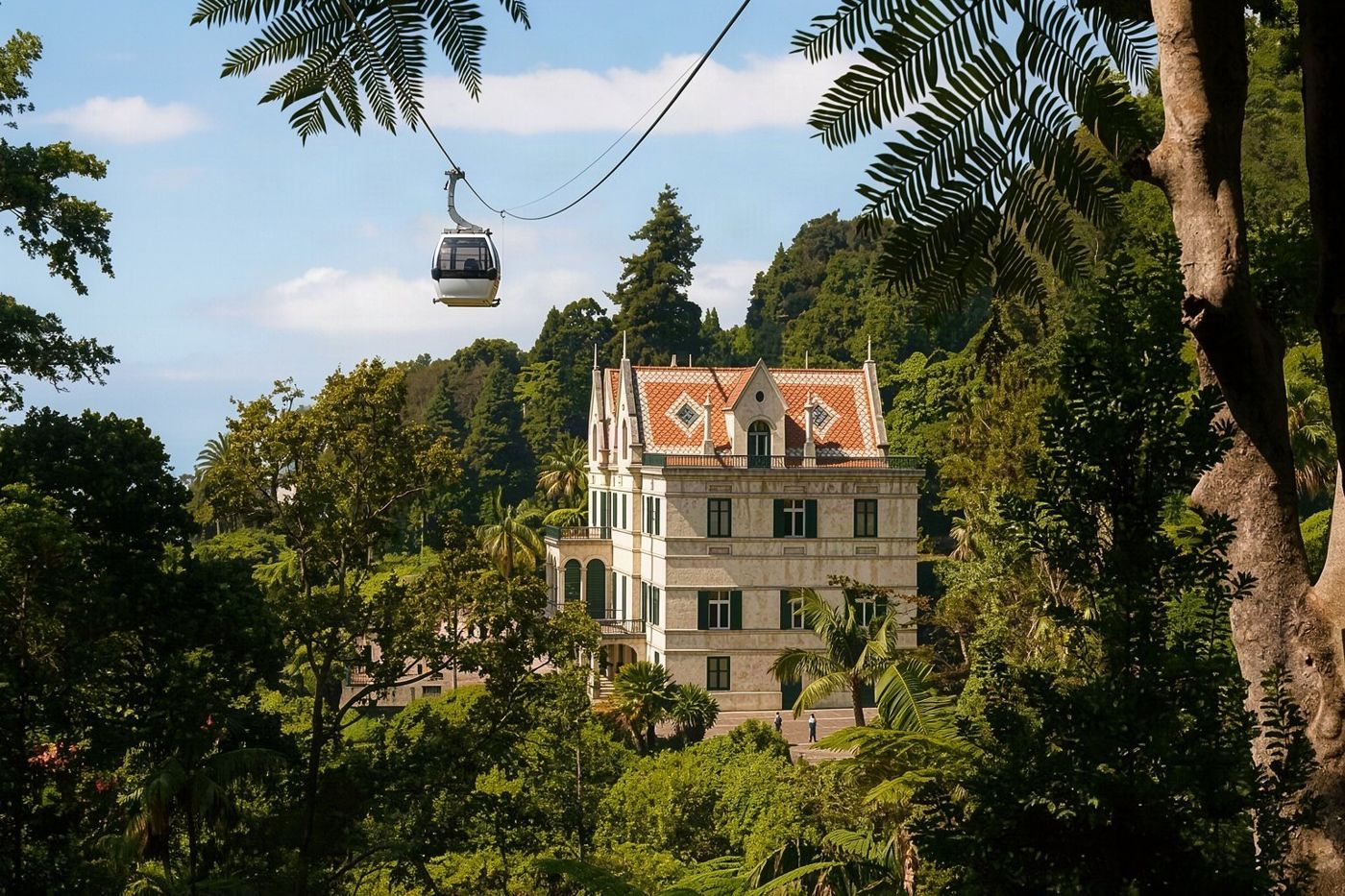 Cabinas del teleférico de Monte sobre el valle en Funchal