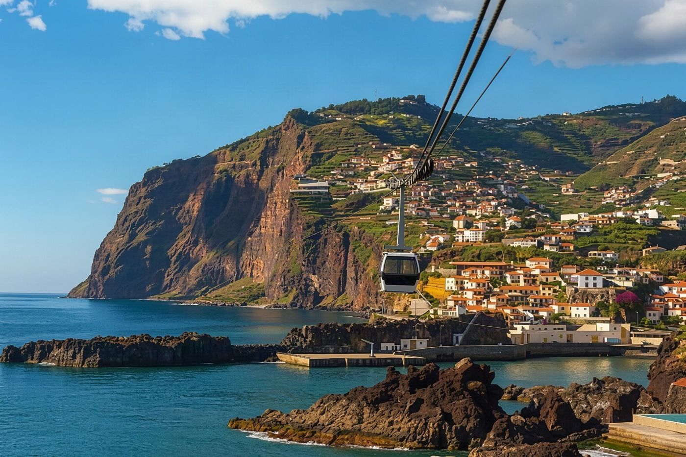 A cable car cabin hanging from a wire with steep cliffs and green terraced fields below.
