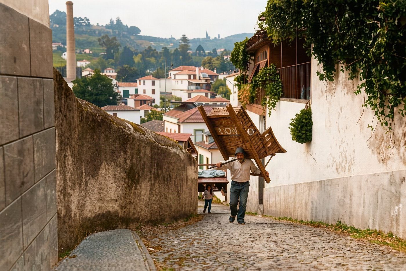 Traditional wicker toboggans being ridden down the steep streets of Monte.