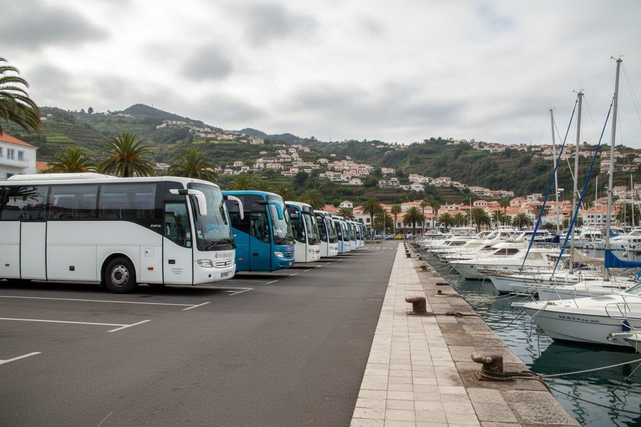Transport vehicles gathered near the central marina area of Funchal ready for excursions.