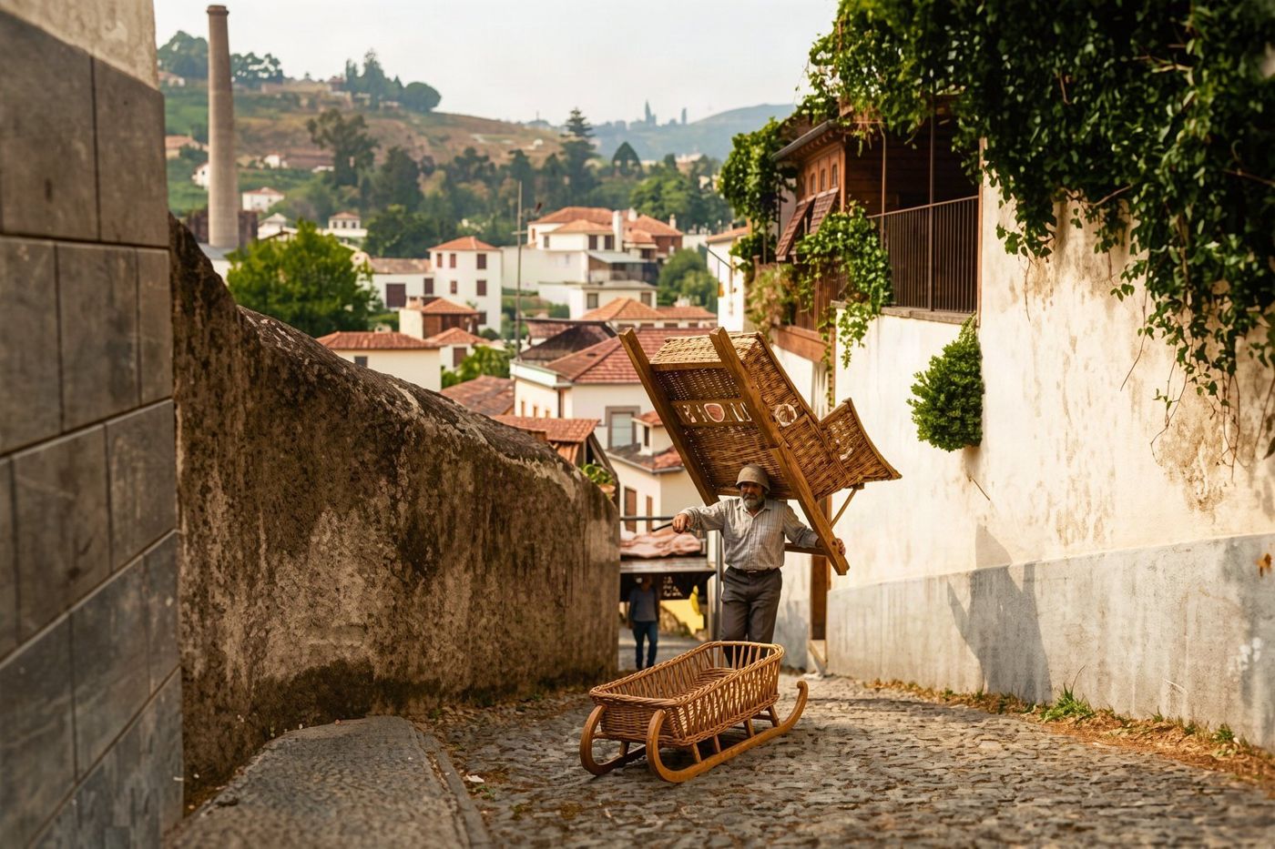 A large wicker sled carrying passengers speeds down the steep cobblestone tracks in Monte.