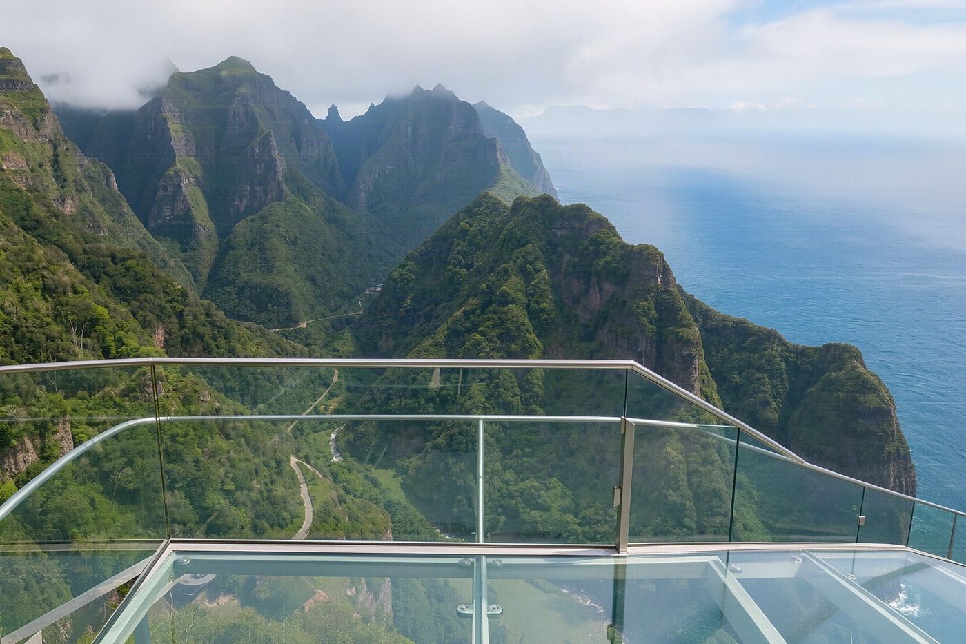 Visitors look down from a transparent platform high above the sea at Cabo Girão viewpoint.