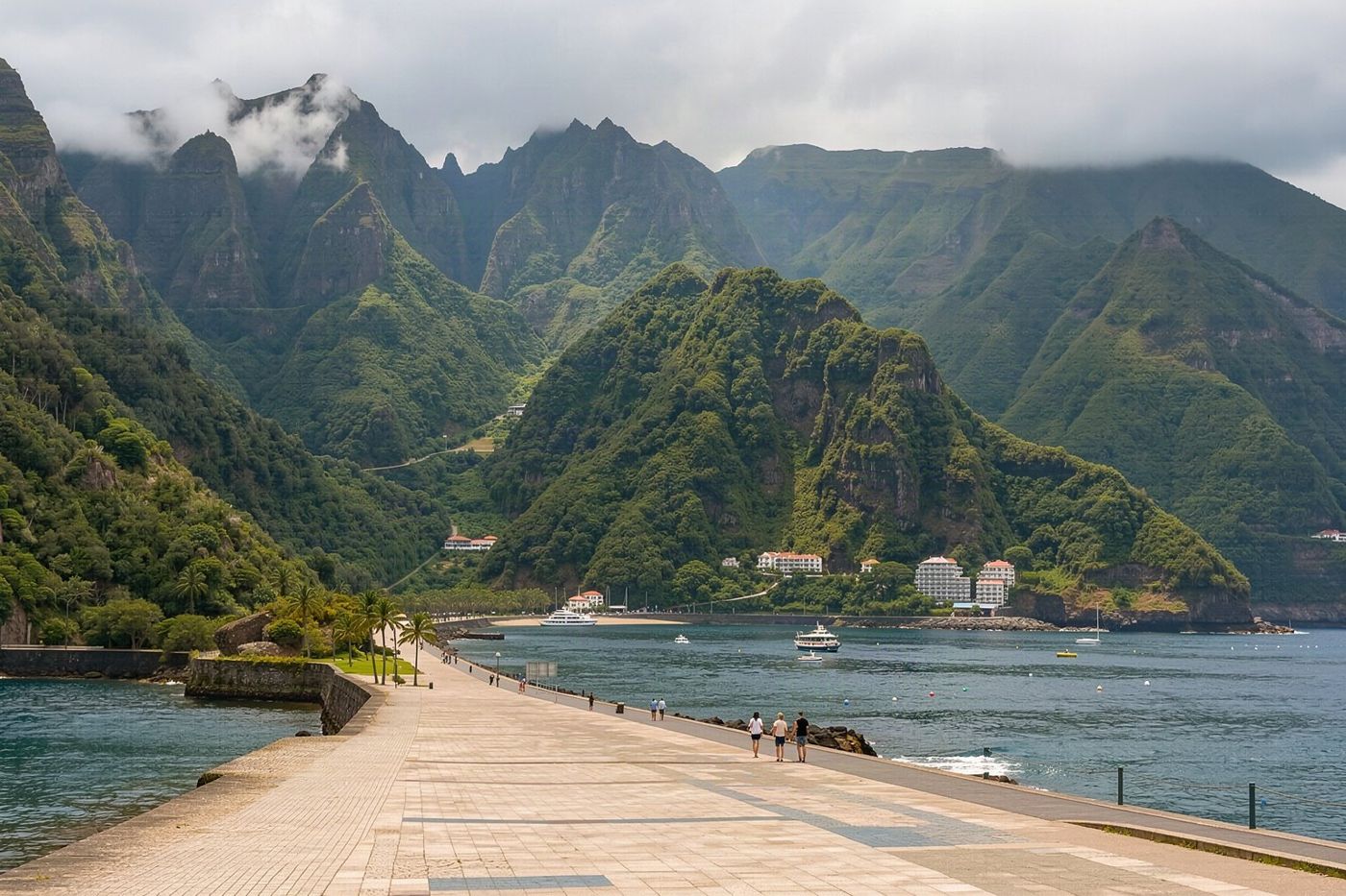 The flat seafront strip of Funchal with views of the Atlantic Ocean and city buildings.