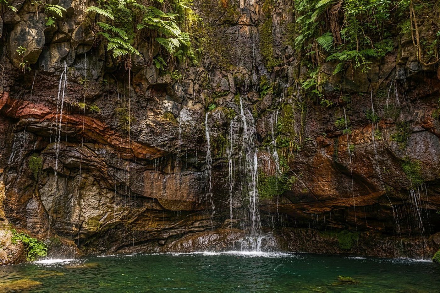 A waterfall flowing over rocks into a pool amidst dense green forest vegetation.