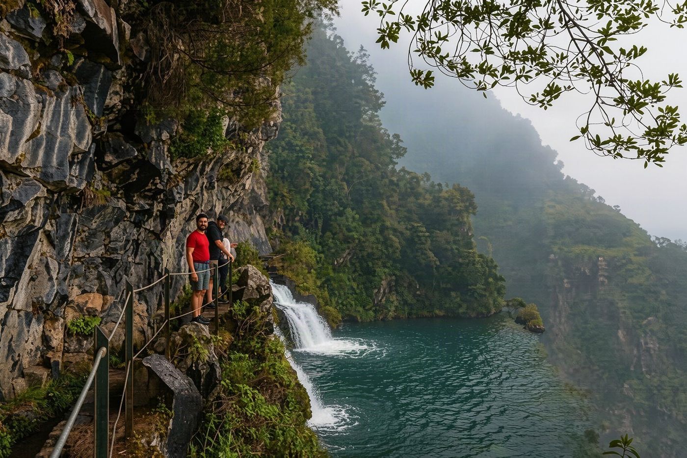Una gran cascada fluye hacia una laguna dentro de los bosques montañosos húmedos de Madeira.