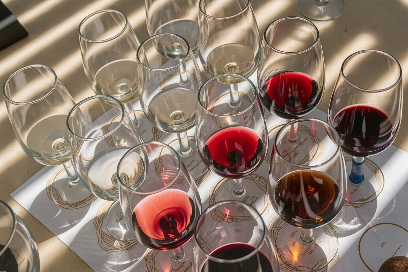 Mehrere Gläser Madeira-Wein neben ihren spezifischen Rebsorten-Etiketten arrangiert.